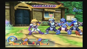 A screenshot of a battle from Tales of Destiny; the protagonist brandishes his sword against a trio of enemy soldiers.