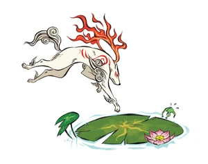 Amaterasu leaping onto a lilypad, scaring a little frog off