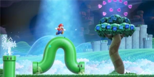 A screenshot of Super Mario Wonder; Mario Mario is riding a green pipe that is inching along like an inchworm.