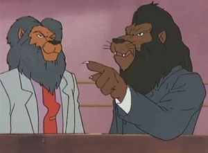 Two anthropomorphic lion men argue while wearing laboratory coats
