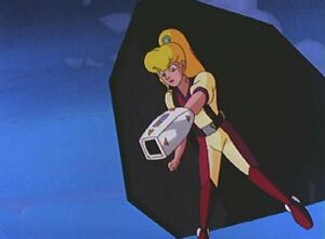 Roll, a robot woman with blond hair pulled back into a ponytail flies on a glider strapped to her back. She's wearing a beige-and-maroon tracksuit and has a vacuum cleaner for an arm.