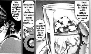 Vile/VAVA sits at a bar while Mega Man X points his Buster at him. Vile/VAVA laments, "We know notrhing of 'justice' or 'ambition'... Because we are reploids--we were born only to fight. This glass could be filled with bourbon or mud... we couldn't tell the difference either way."