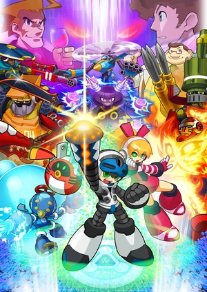 A robot boy points his glowing arm-cannon to the sky. He is flanked by a red robot girl and a team of stylish robots.