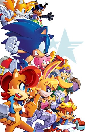 Sonic and the Freedom Fighters. Counter-clockwise, from the bottom left: Sally Acorn, Bunny Rabbot, Antoine, Rotor the Walrus, Amy Rose, NICOLE, Miles "Tails" Prower, and Sonic the Hedgehog