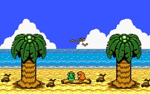 It's a sunny beach frame by two palm trees. Link and a girl sit on a log in the middle of the frame, appreciating the shoreline and the horizon. A few seagulls fly overhead.