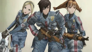 A blond woman, a brown-haired man with an eyepatch, and a redhead with two massive pigtails pose in military uniform.