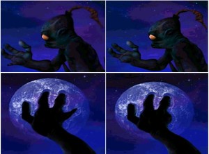 An alien creature studies their hand and matches it up to a four fingered handprint on the moon