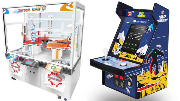 A "Getter Spin" Crane Game and a Classic Space Invaders Arcade cabinet