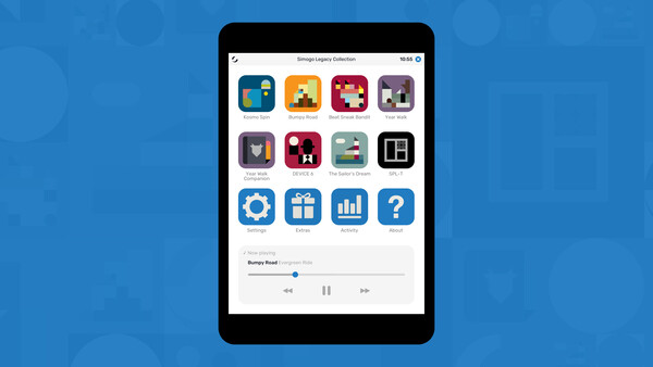 The Simogo Legacy Collection main menu, an illustrated rendition of a tablet screen with app icons representing the games in the collection.
