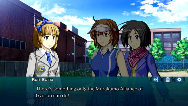 Ruri Ebina, a student wearing a school uniform, says to the club captain Shizuka, “There’s something only the Murakumo Alliance of Gyo-un can do!”