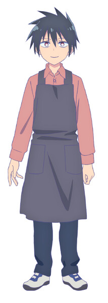 Character design for Renji, young man with black hair wearing an apron