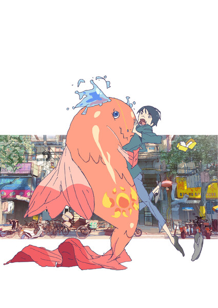 Picture of man being hugged by a giant fish with a crown
