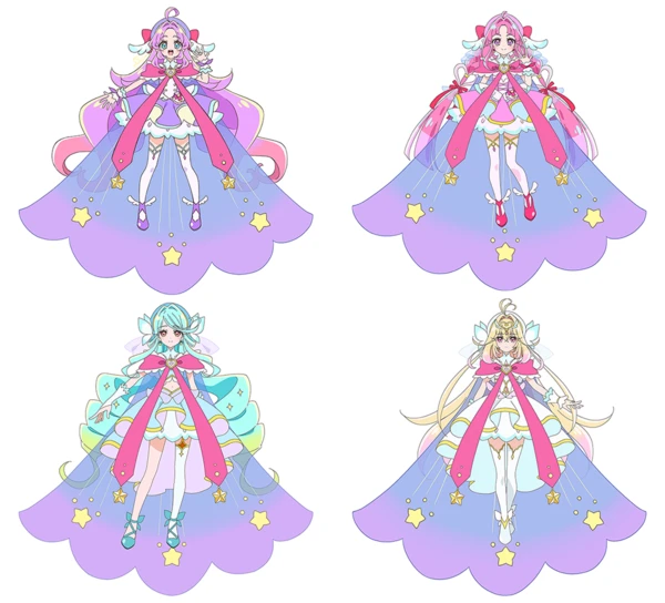 Character visual for Star Kiraring forms of Cure Answer, Cure Mystic, Cure Eclair, and Cure Arcana.