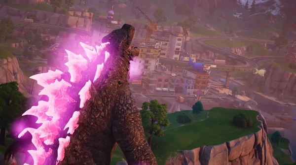 The pink Godzilla Evolved from Godzilla Vs King Kong roars over a Fortnite settlement.