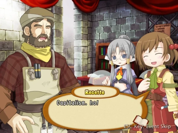 Three people stand in a cobblestone building: a bearded man, a fairy with glasses, and a brown-haired girl. The brown-haired girl is saying, "Capitalism, ho!"