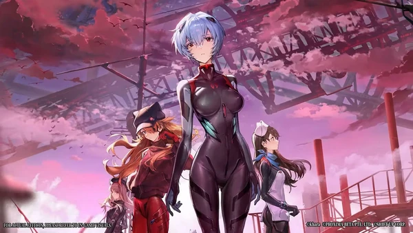 Rei, Asuka and Sakura from the Rebuild of Evangelion movies stand underneath a sky covered with ruined buildings. Rapi stands in the background.