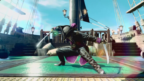 A Japanese man in a pirate outfit strikes a wide-legged pose with his twin cutlasses brandished in either hand