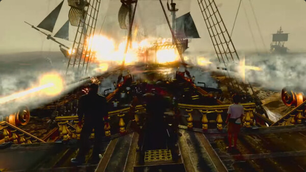 Goro unleashes a barrage of machine gun fire on a hapless ship, casting his ship in shadow from the explosion of his foes.