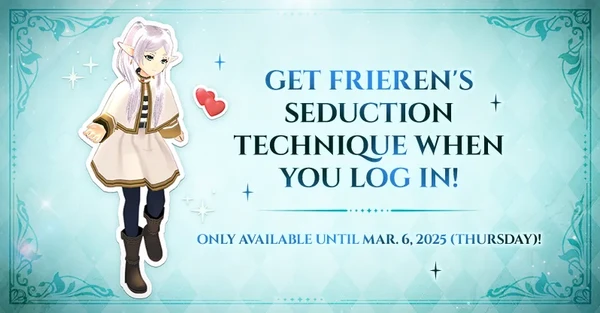 A 3D model of Frieren strikes a pose as she unleashes her "seduction technique": blowing a kiss